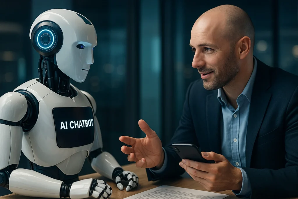 Illustration of a virtual assistant chatbot using AI to guide online users through a personalized sales journey, showing how AI-driven automation boosts lead generation and conversions.