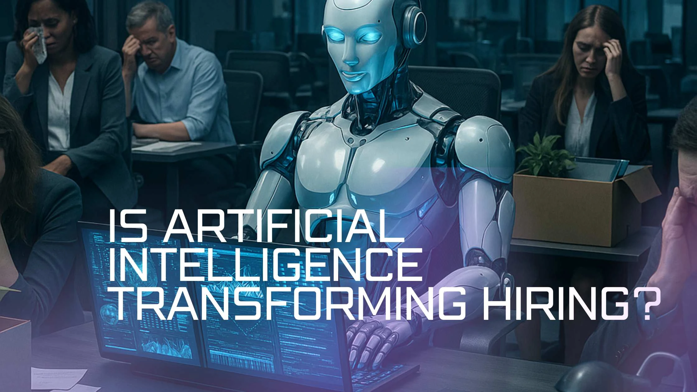 A diverse group of professionals interacting with a futuristic AI-powered recruitment interface, modern office background, vibrant colors, 16:9