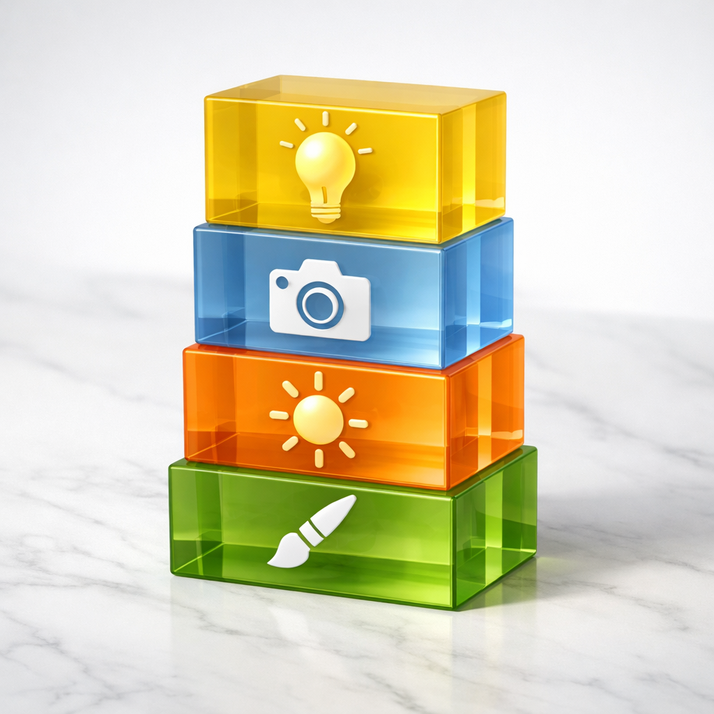 Infographic showing the layered structure of a professional AI prompt: Subject, Shot Type, Lighting, and Style.