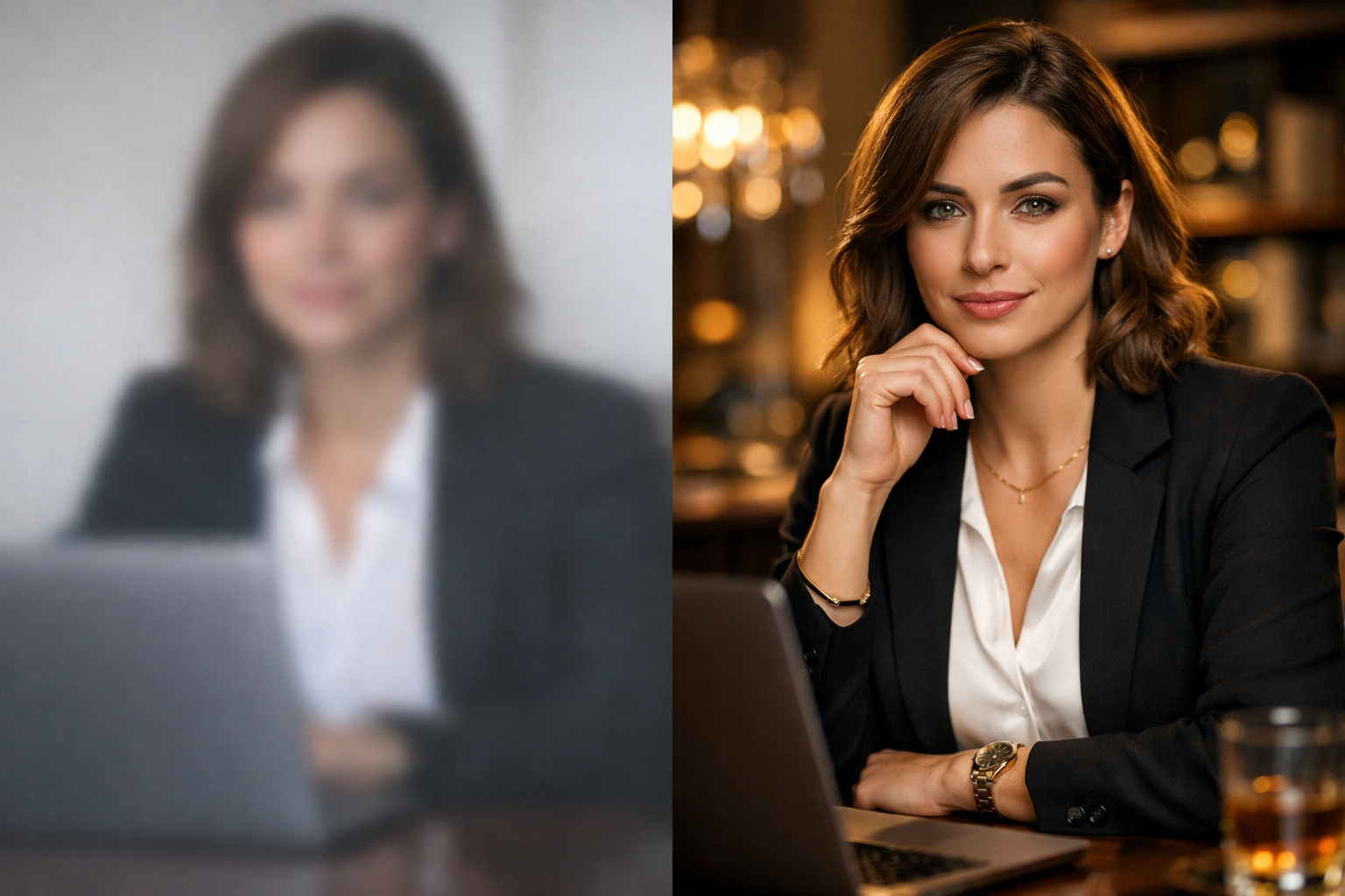 Comparison between a blurry, generic AI image and a sharp, cinematic, professional AI image, illustrating the impact of detailed prompting.